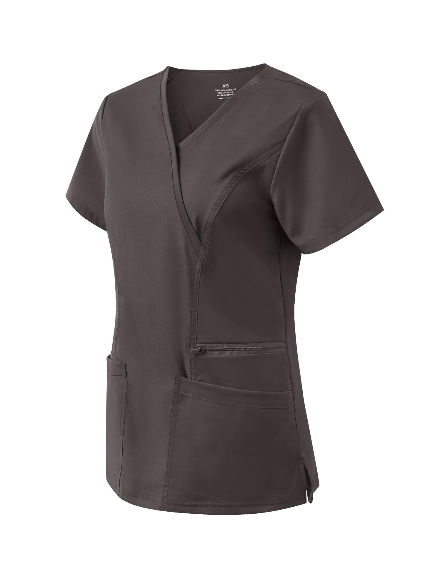 Venus Mock Wrap Scrub Top, Rock Grey, Angled Front View
