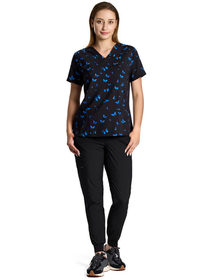 Luna Printed V-Neck Jogger Scrub Set — Blue Butterfly — 1