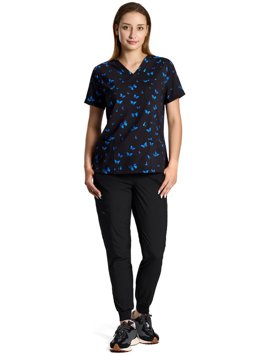 Luna Printed V-Neck Jogger Scrub Set — Blue Butterfly — 1