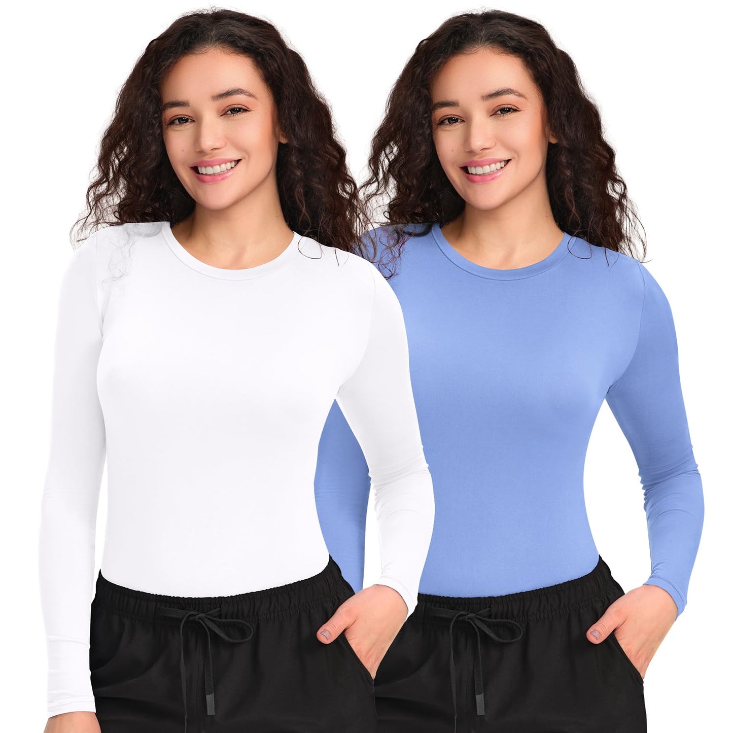 CSDD03 Women's 2-Pack Long-Sleeve Underscrub Top — White/Ceil Blue — 1