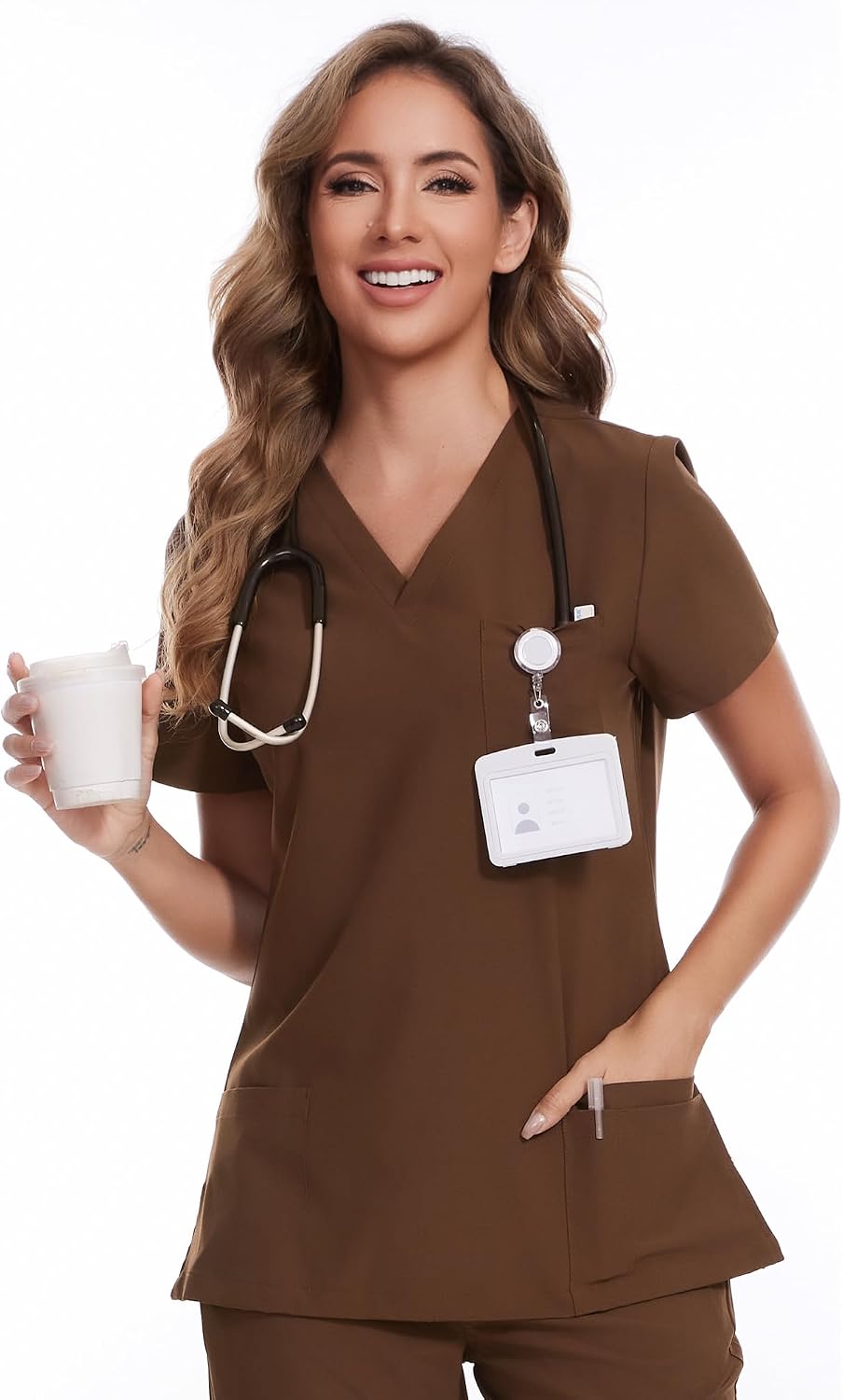 Luna V-Neck Scrub Top — Brown — 1