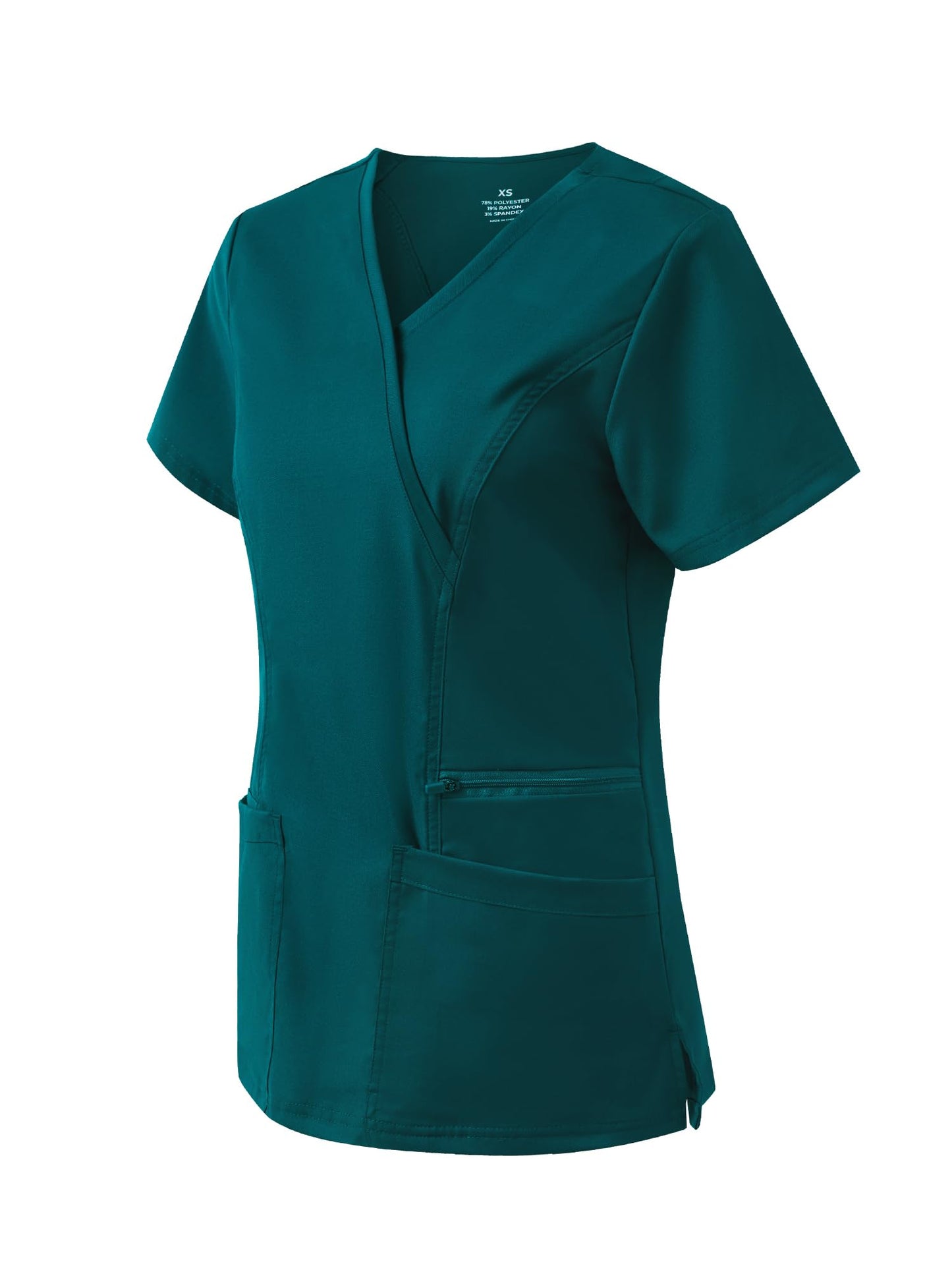 Venus Mock Wrap Scrub Top, Caribbean Blue, Angled Front View