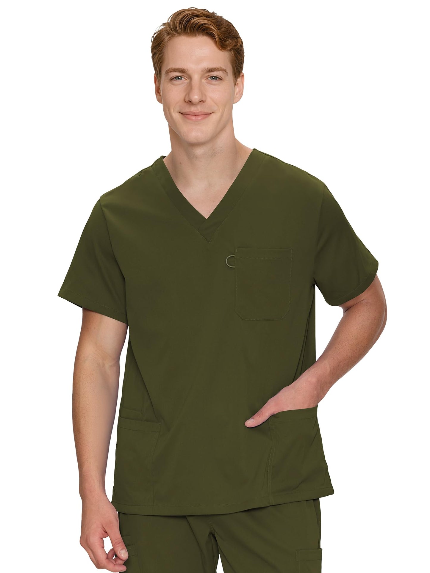 Orion V-Neck Scrub Top, Olive Green, Front View