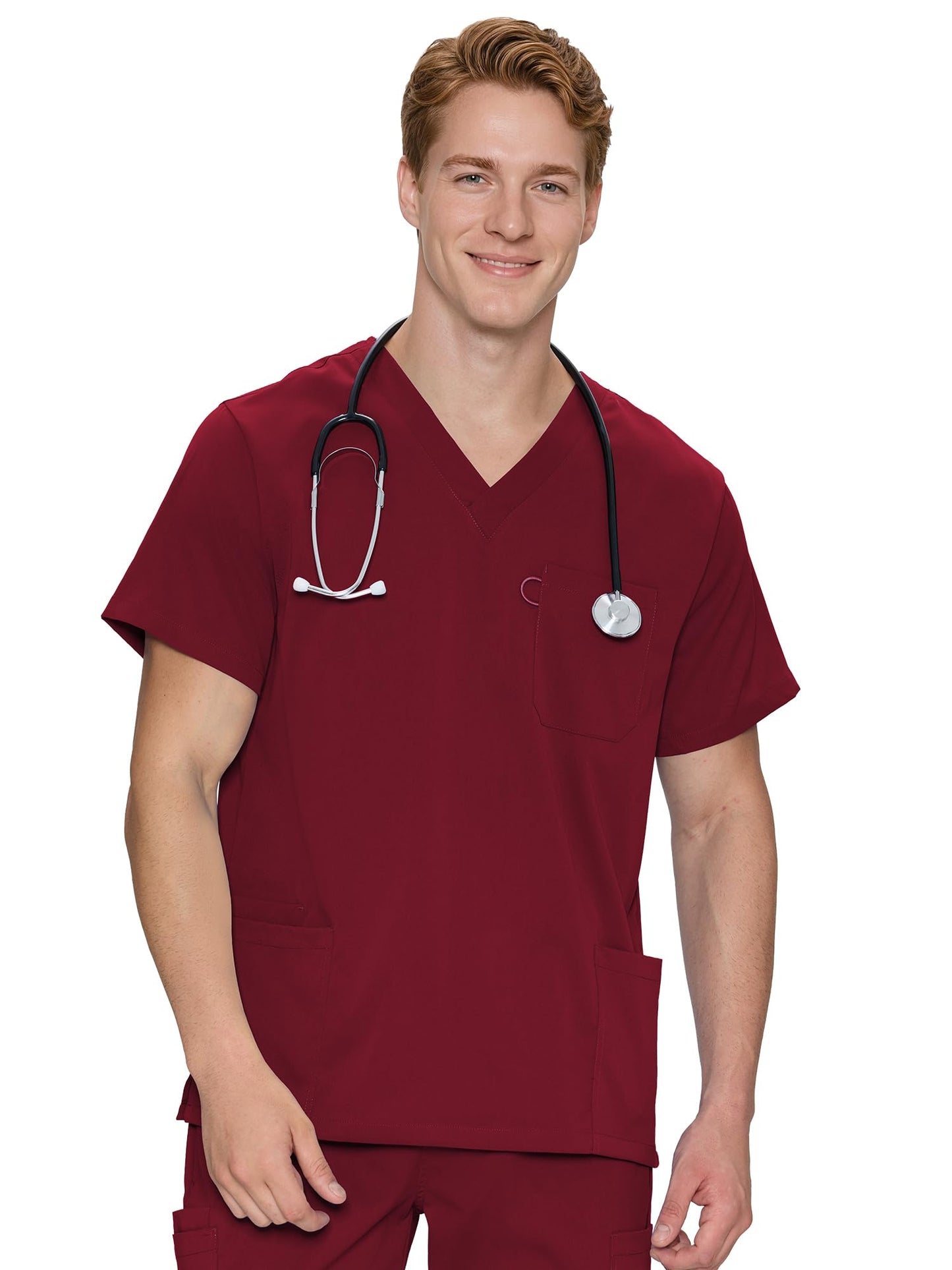 Orion V-Neck Scrub Top, Burgundy, Front Styling View