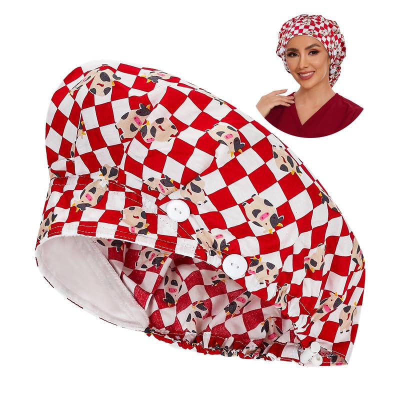 Adjustable Button Scrub Cap — B04-Red Checkered Calf — Single Layer — 1