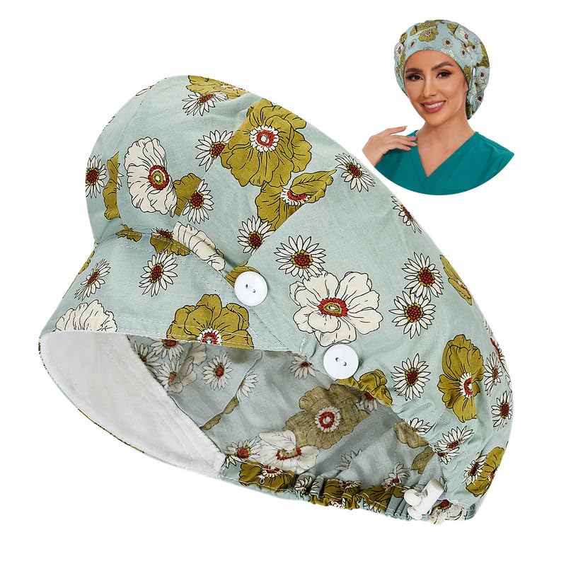 Adjustable Button Scrub Cap — B19-Amber Blossom Breeze — Single Layer — 1