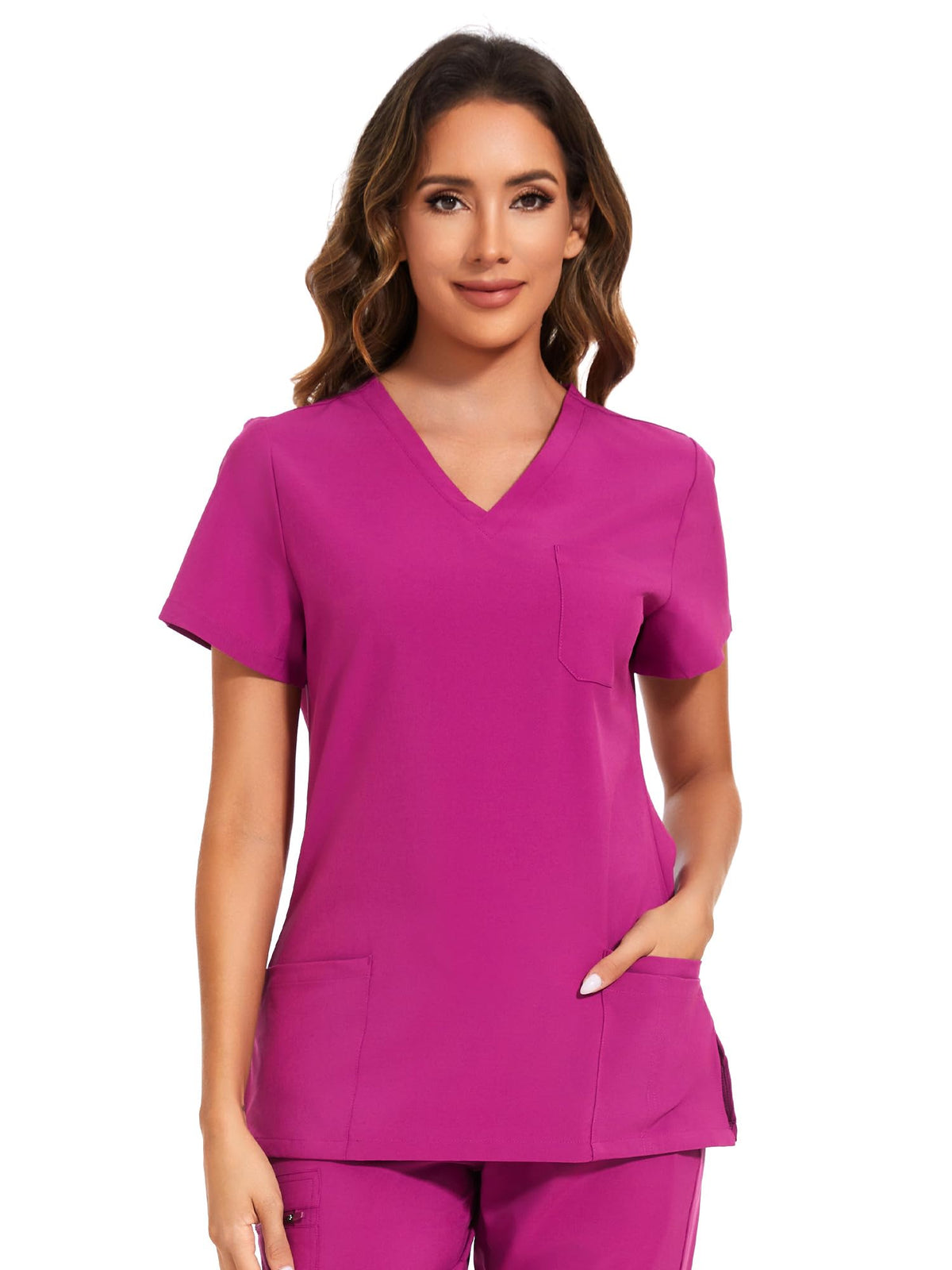 Luna V-Neck Scrub Top — Azalea Pink — 2