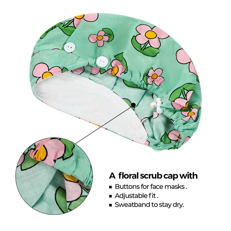 Adjustable Button Scrub Cap — B12-Spring Blossom Breeze — Single Layer — 2