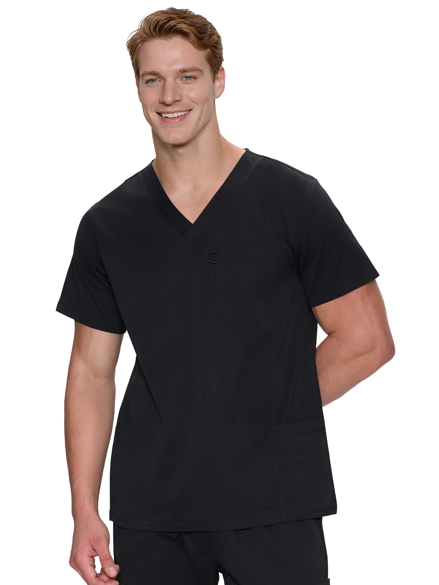 Orion V-Neck Scrub Top, Black, Front Fit View