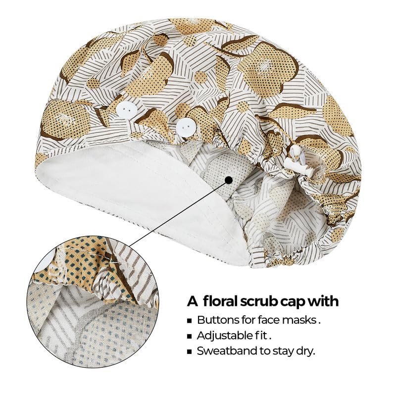 Adjustable Button Scrub Cap — B09-Golden Ginkgo Stripes — Single Layer — 2