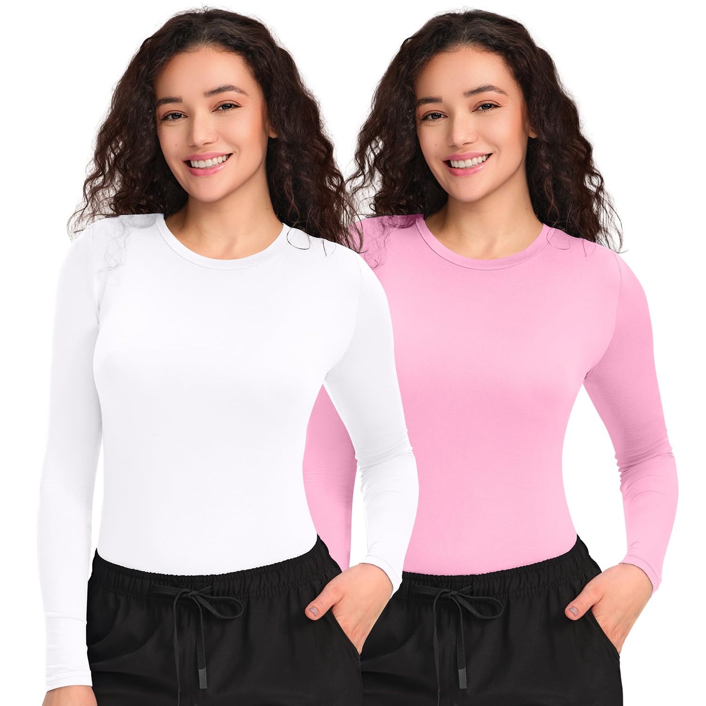 CSDD03 Women's 2-Pack Long-Sleeve Underscrub Top — White/Pink — 1
