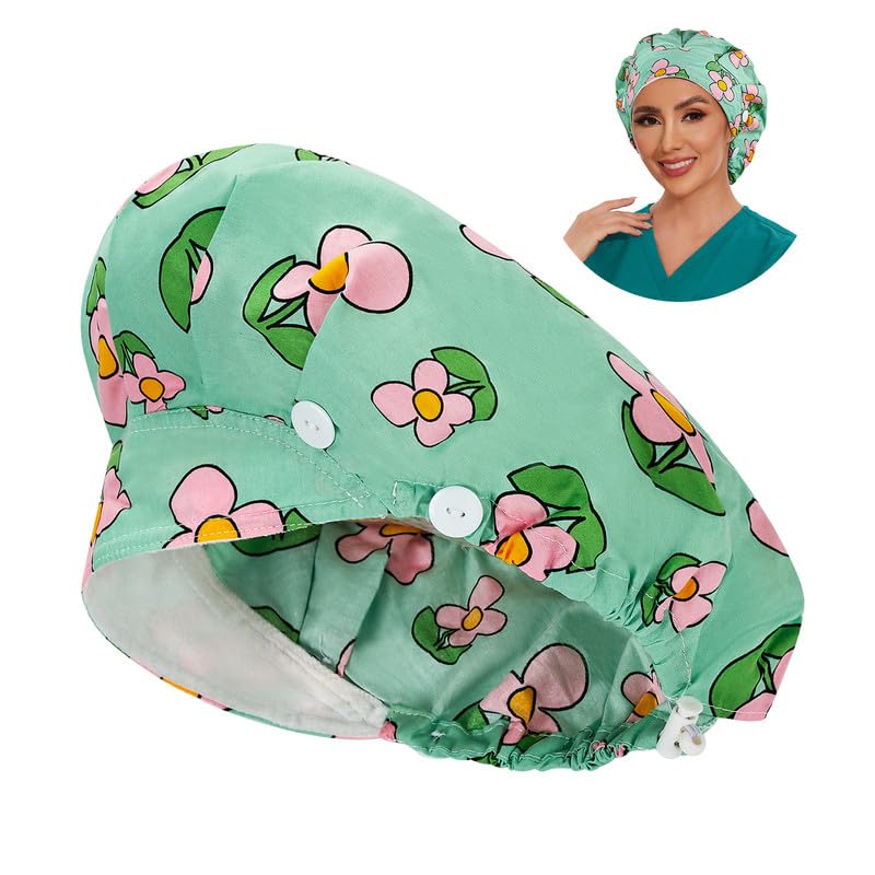 Adjustable Button Scrub Cap — B12-Spring Blossom Breeze — Single Layer — 1