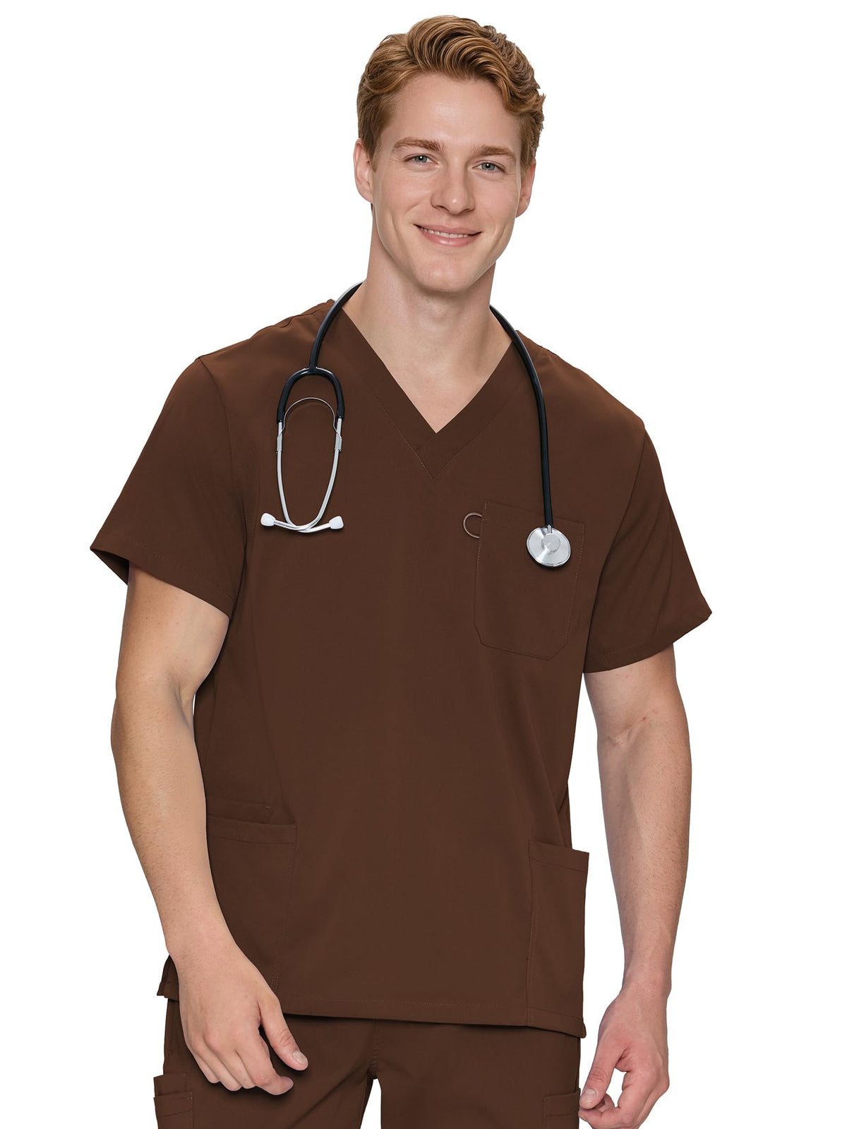 Orion V-Neck Scrub Top, Brown, Front Styling View