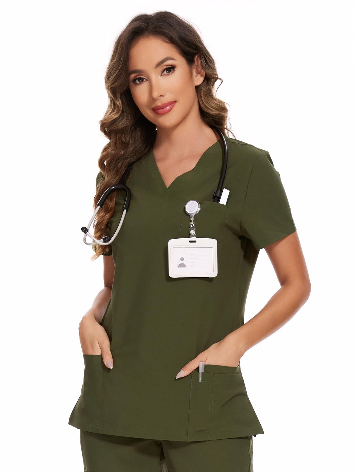 Luna V-Neck Scrub Top — Olive Green — 1