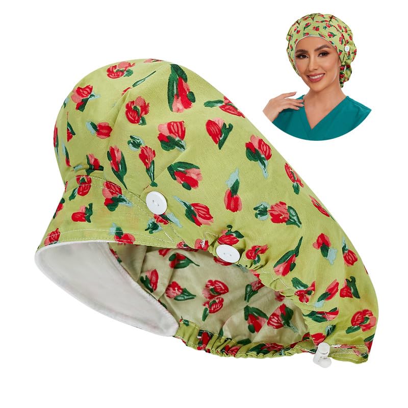 Adjustable Button Scrub Cap — B11-Tulip Garden — Single Layer — 1