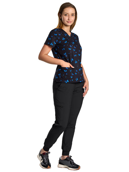 Luna Printed V-Neck Jogger Scrub Set — Blue Butterfly — 3