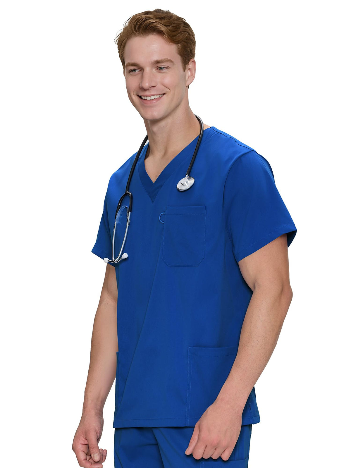 Orion V-Neck Scrub Top, Royal Blue, Angled Front View