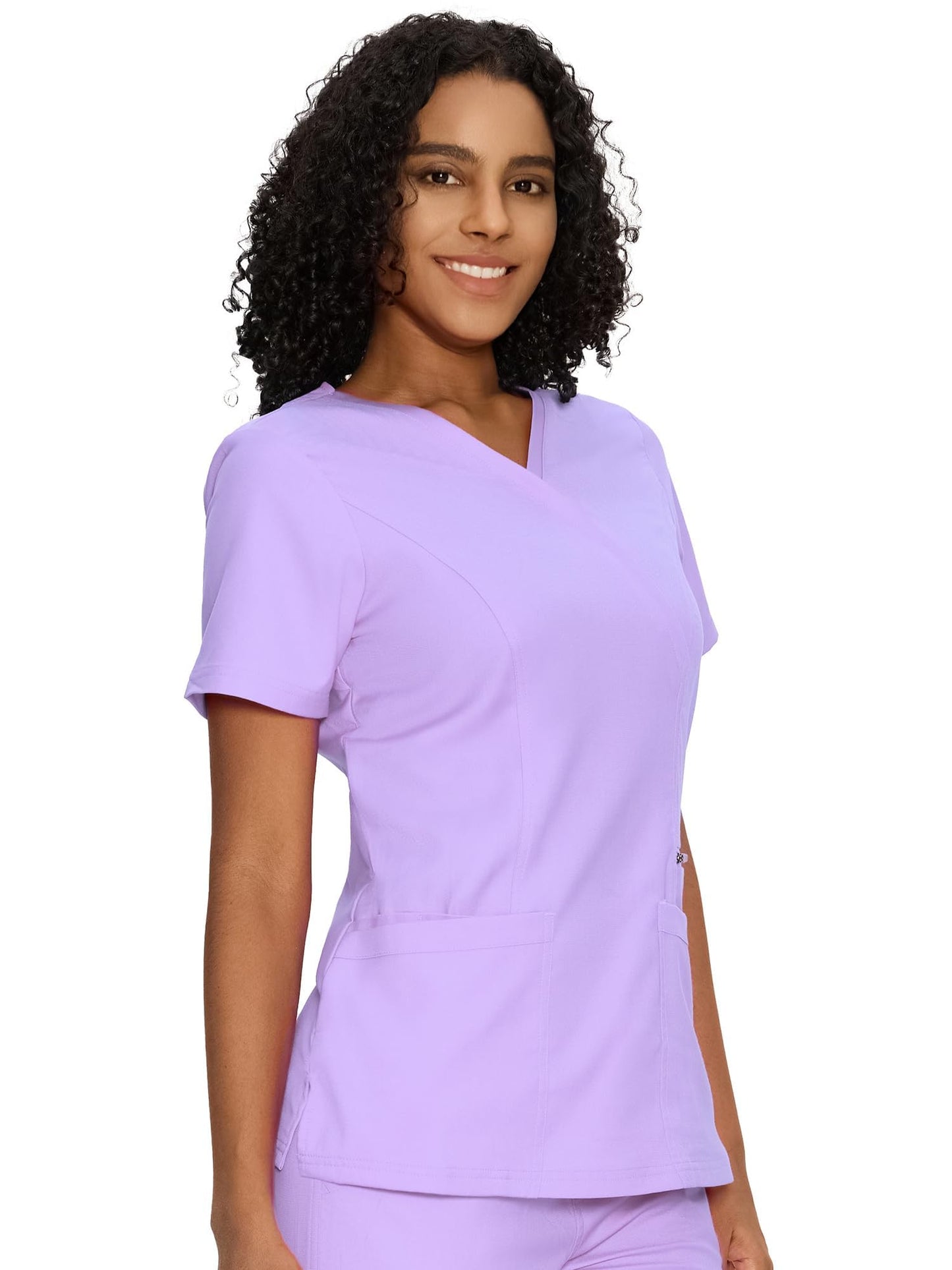 Venus Mock Wrap Scrub Top, Light Purple, Model Front View
