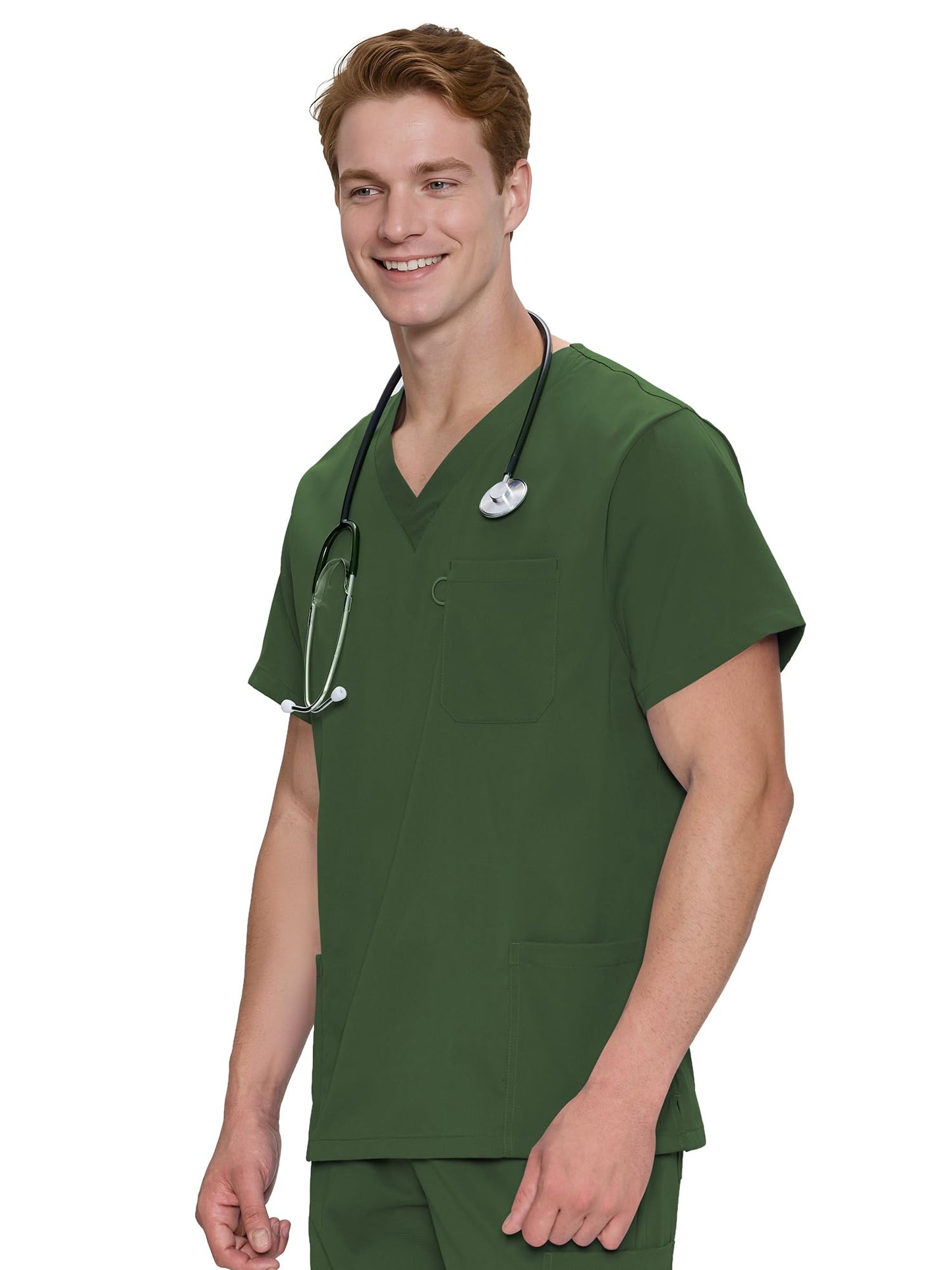 Orion V-Neck Scrub Top, Army Green, Angled Front View