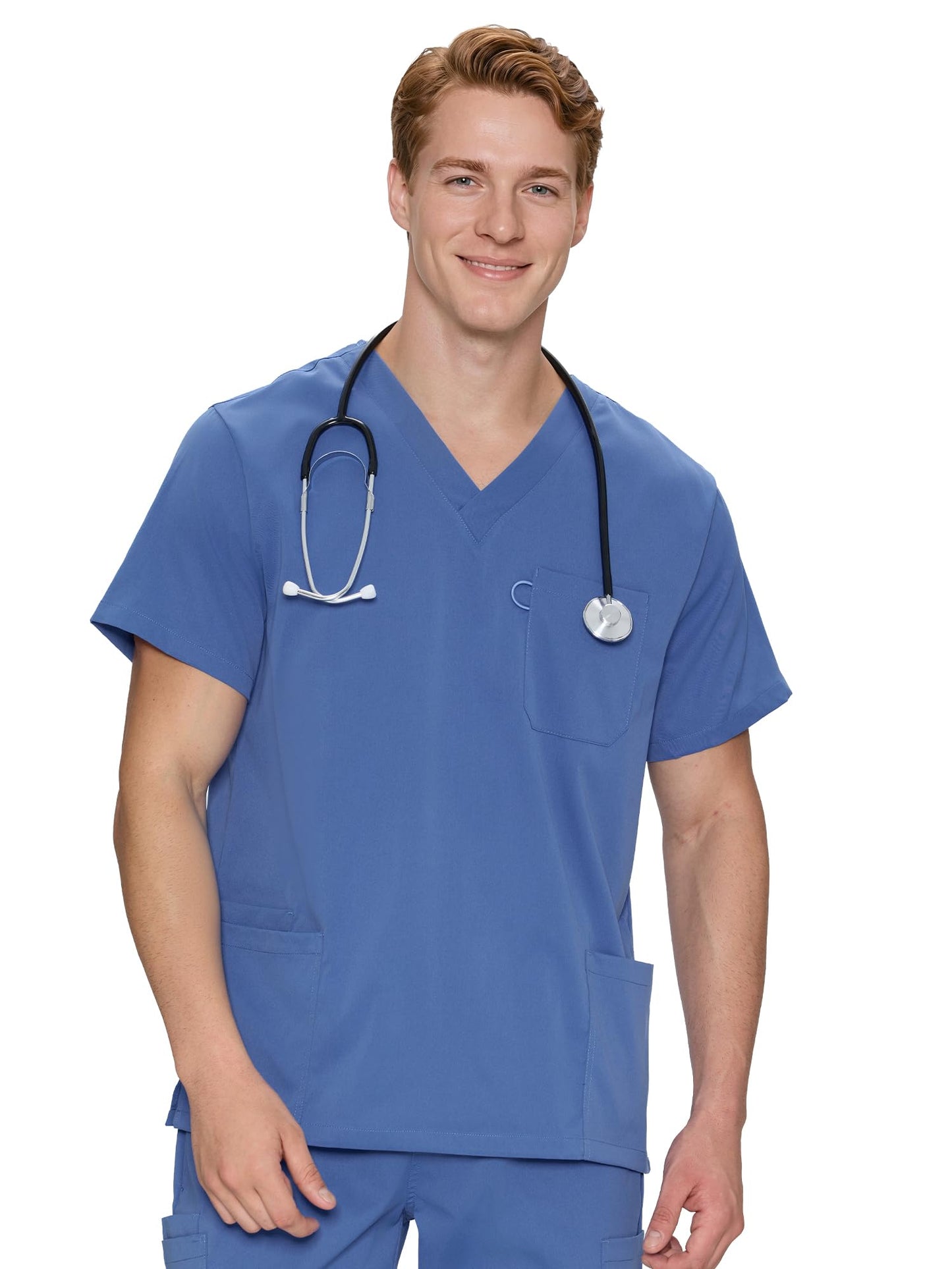 Orion V-Neck Scrub Top, Ceil Blue, Front View