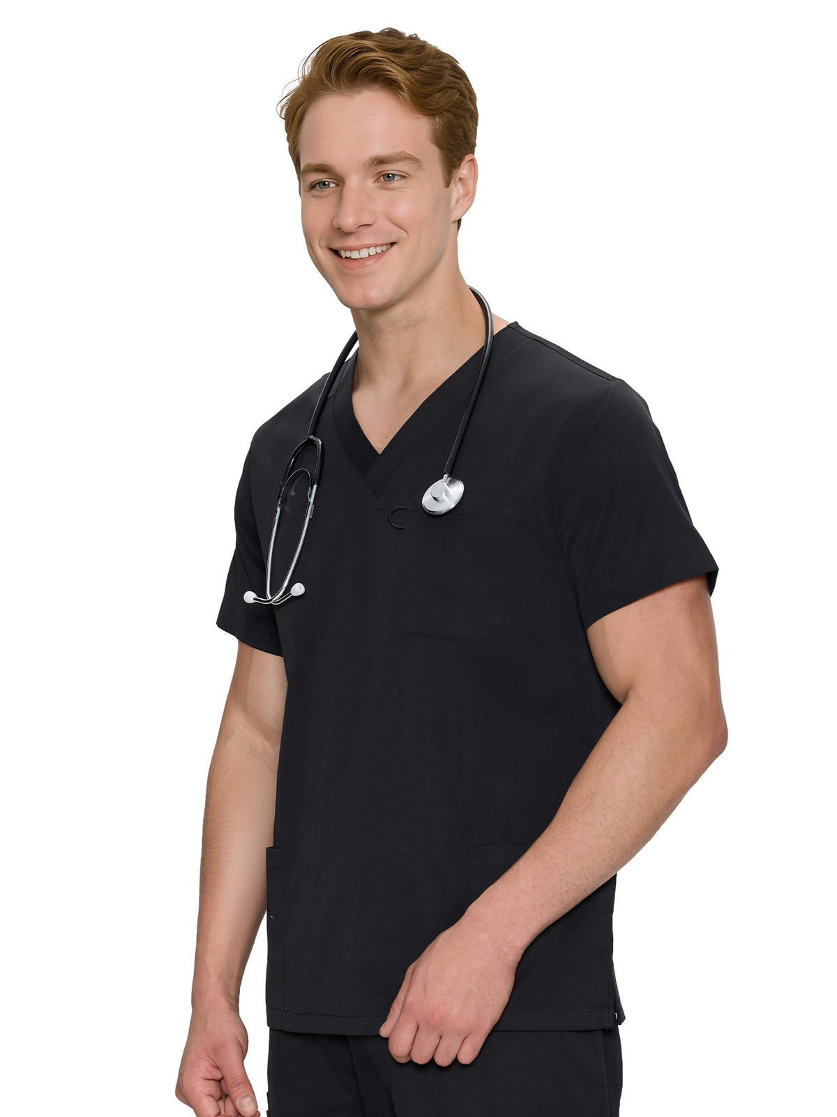 Orion V-Neck Scrub Top, Black, Angled Front View