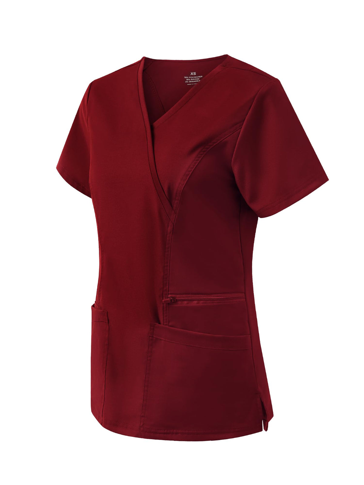 Venus Mock Wrap Scrub Top, Burgundy, Angled Front View