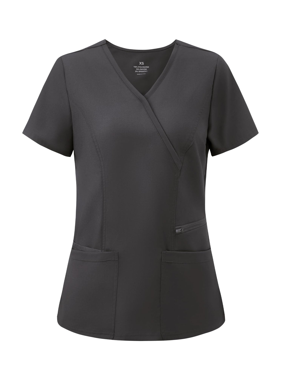 Venus Mock Wrap Scrub Top, Dark Grey, Front View