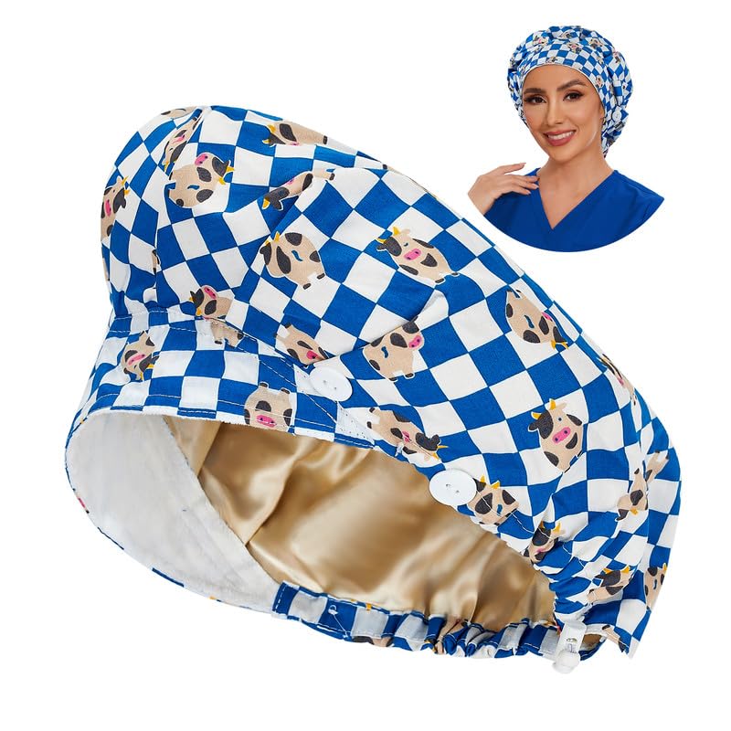 Adjustable Button Scrub Cap — B04-Blue Checkered Calf — Satin Lined — 1