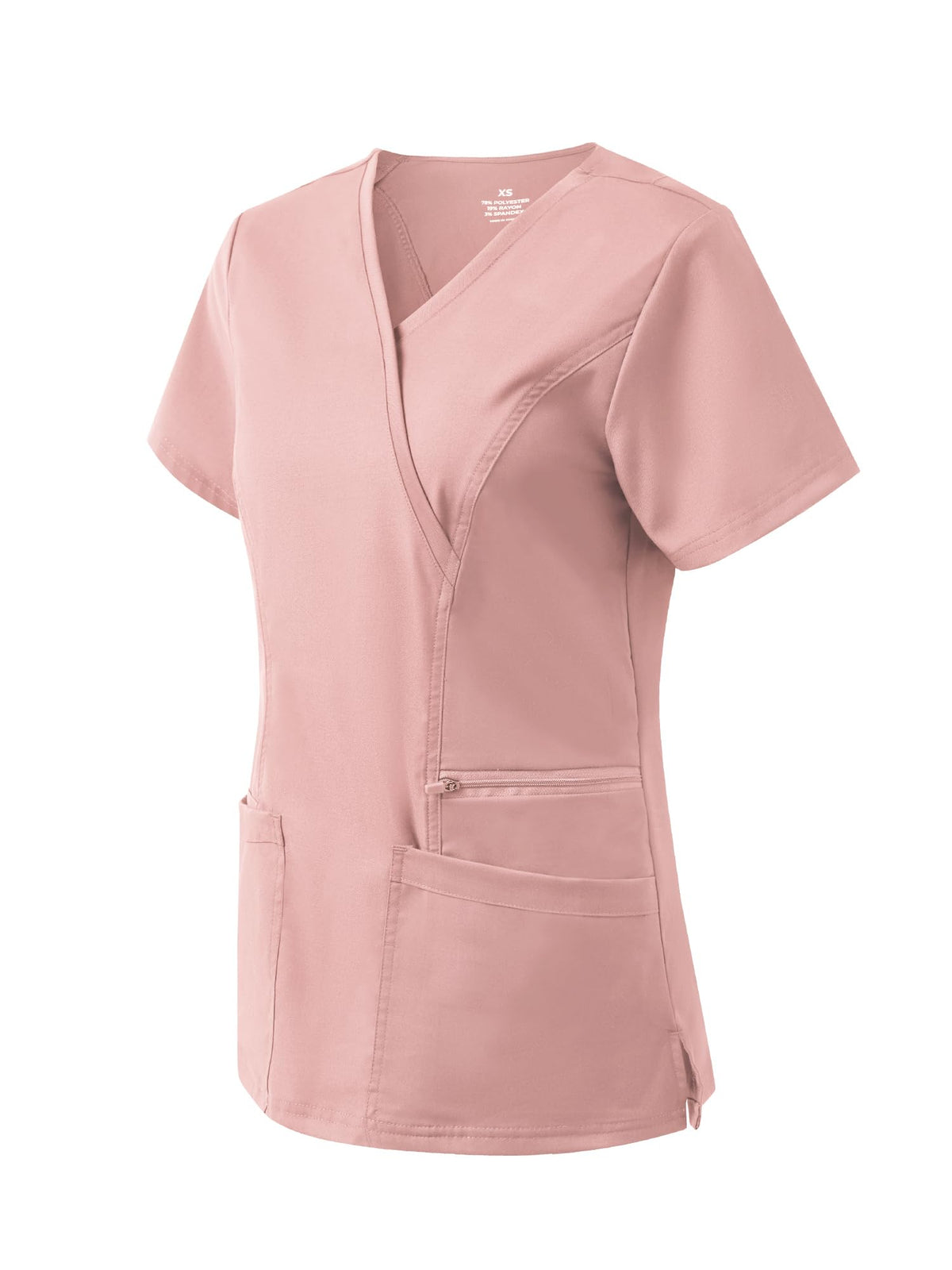 Venus Mock Wrap Scrub Top, Pink, Angled Front View
