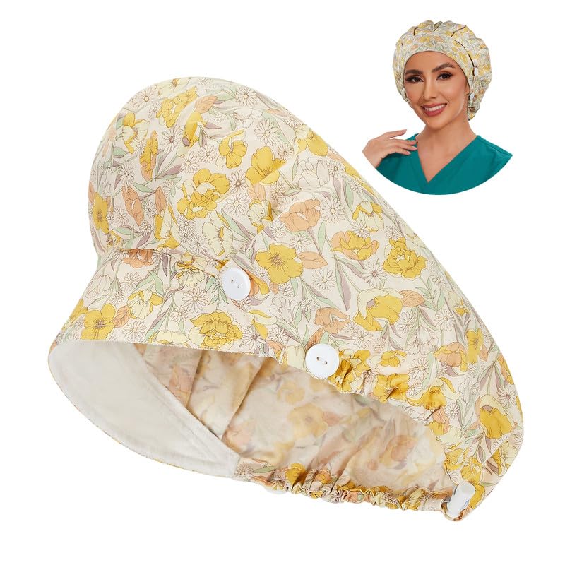 Adjustable Button Scrub Cap — B05-Golden Floral Lace — Single Layer — 1