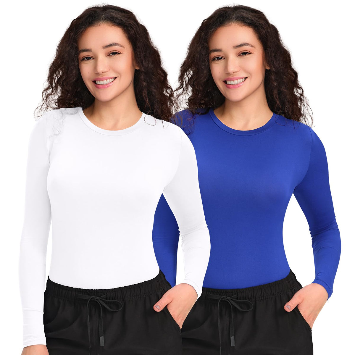 CSDD03 Women's 2-Pack Long-Sleeve Underscrub Top — White/Royal Blue — 1