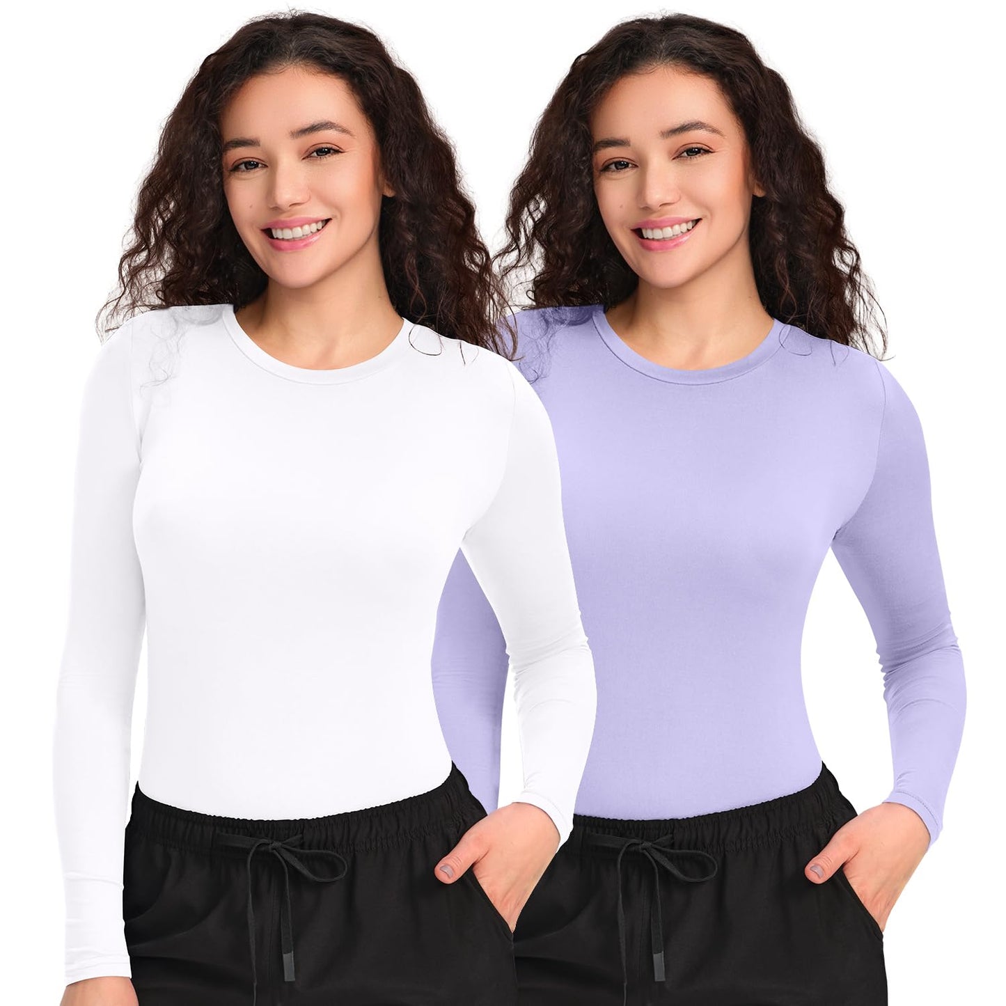 CSDD03 Women's 2-Pack Long-Sleeve Underscrub Top — White/Light Purple — 1
