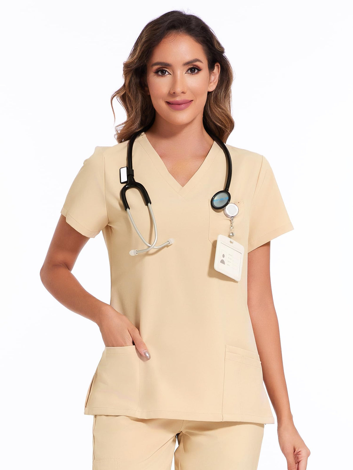 Luna V-Neck Scrub Top — Light Khaki — 1
