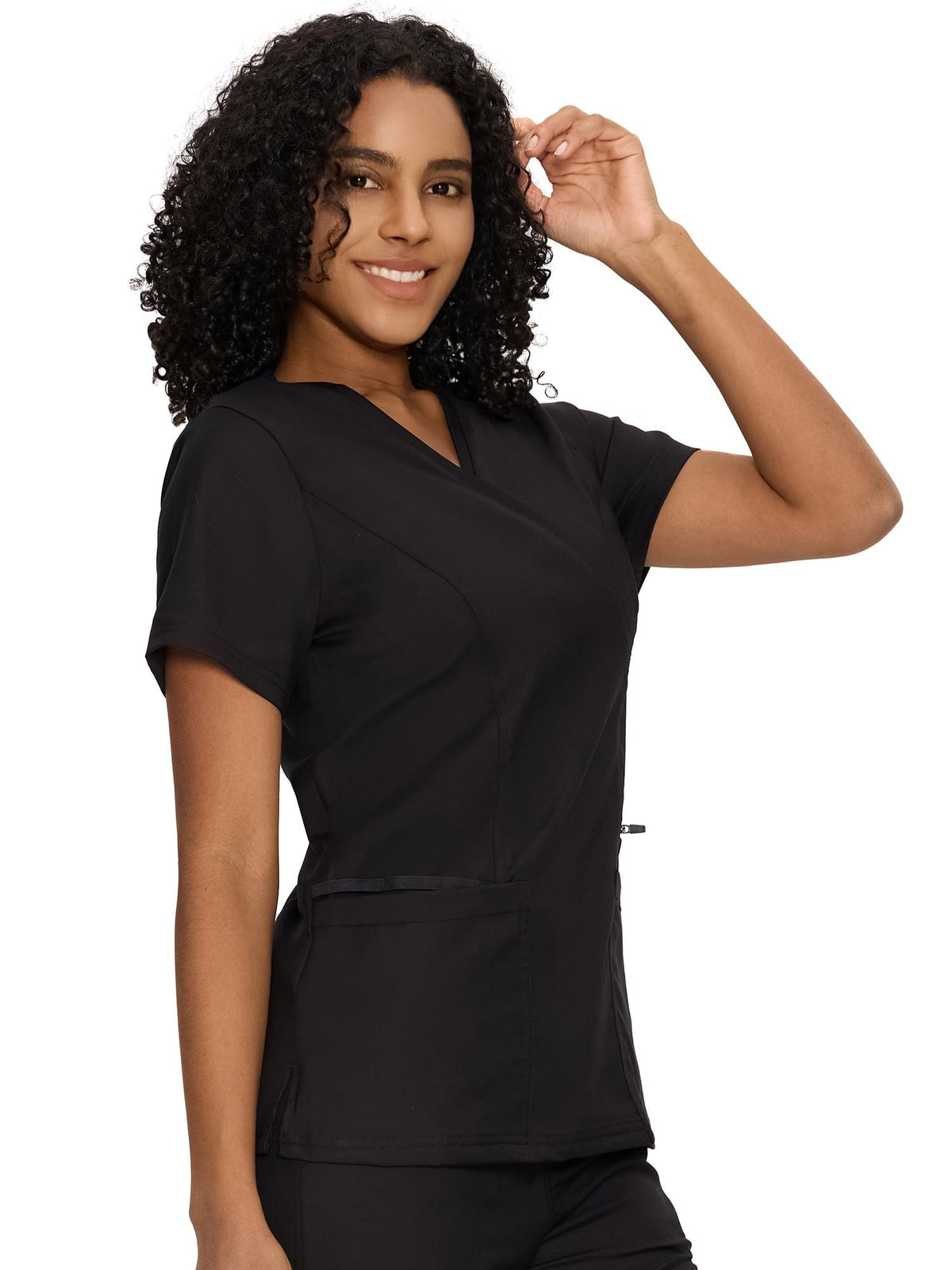 Venus Mock Wrap Scrub Top, Black, Model Front View