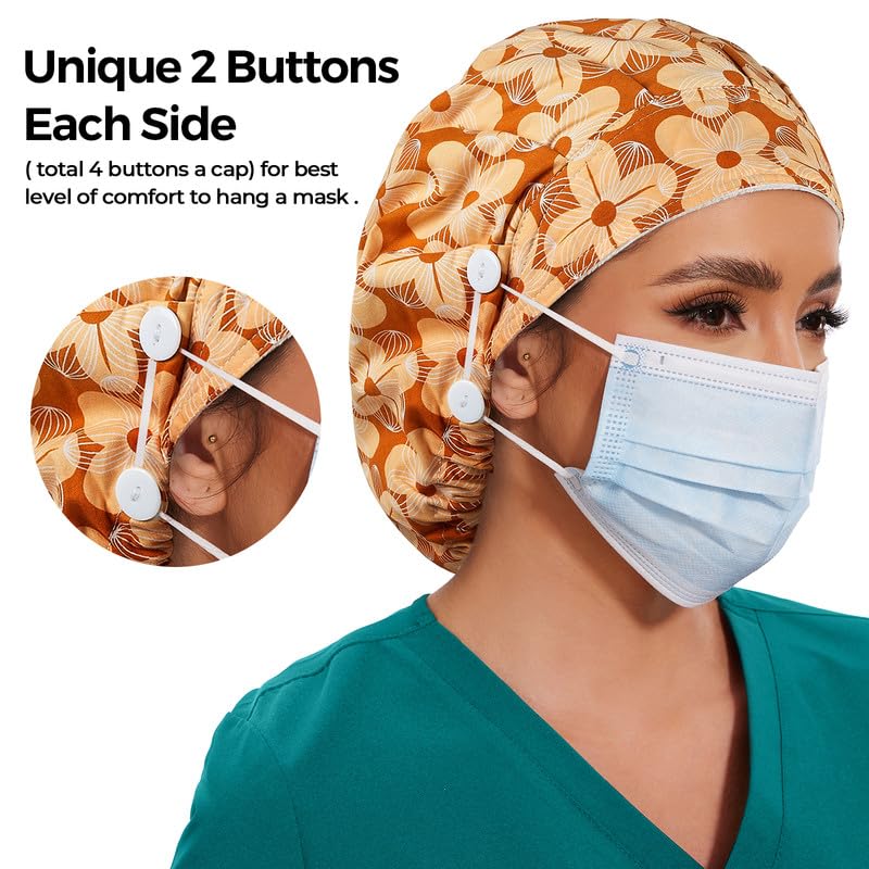 Adjustable Button Scrub Cap — B17-Golden Bloom — Single Layer — 3
