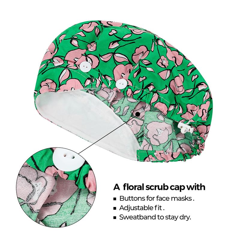 Adjustable Button Scrub Cap — B06-Rose Garden Gala — Single Layer — 2