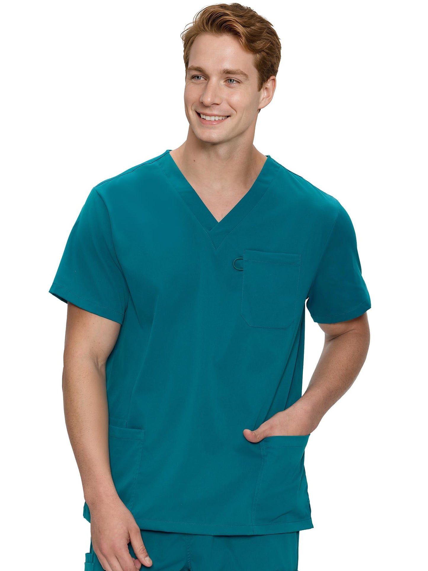 Orion V-Neck Scrub Top, Caribbean Blue, Front View