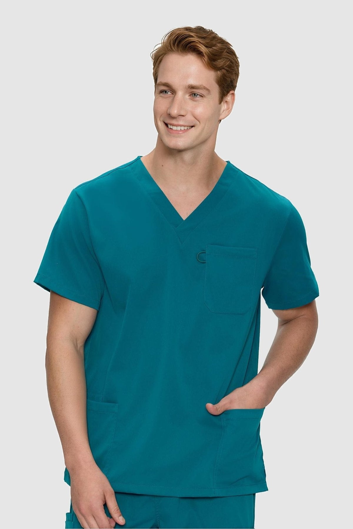 Orion V-Neck Scrub Top, Caribbean Blue, Front View