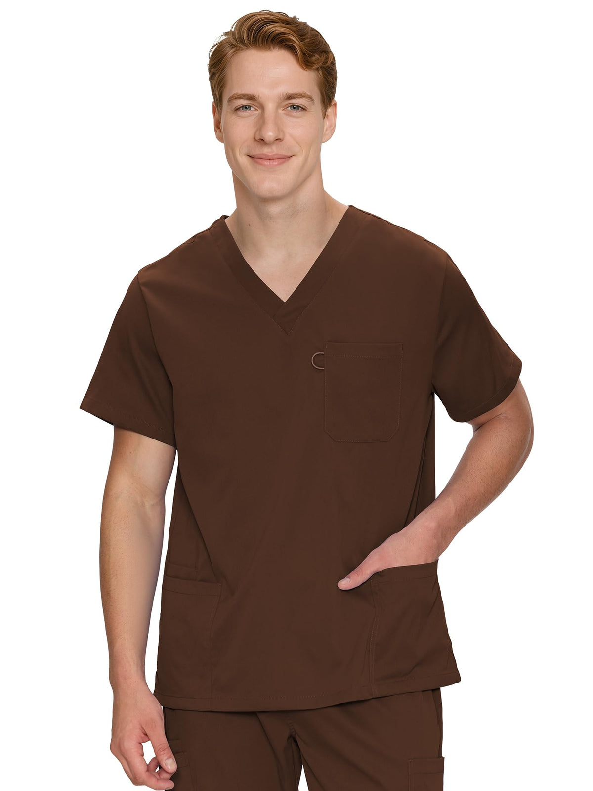 Orion V-Neck Scrub Top, Brown, Front View
