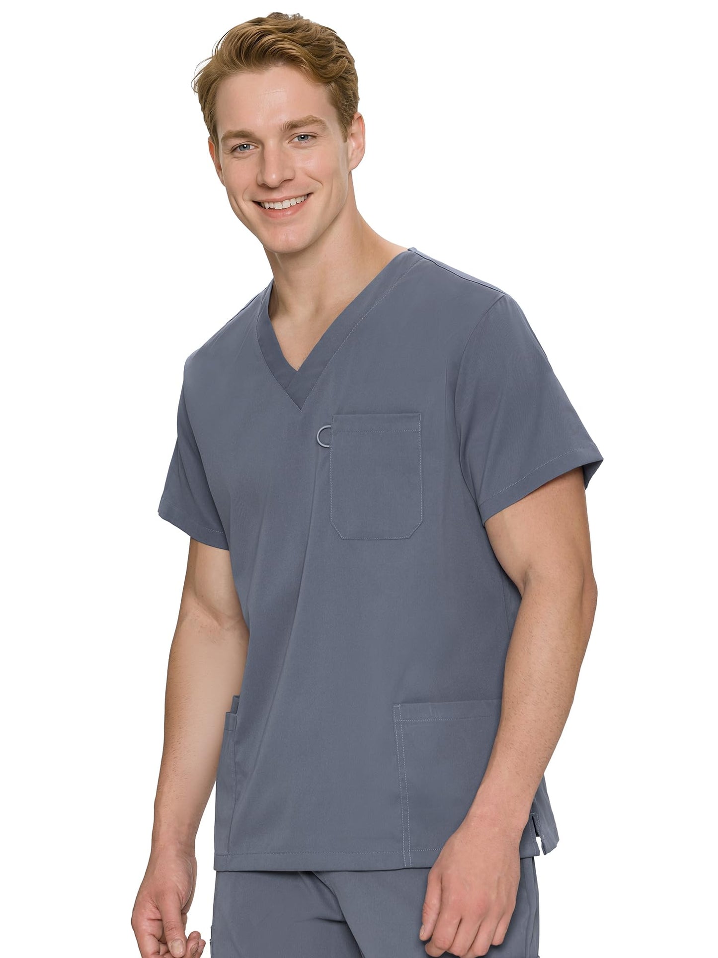 Orion V-Neck Scrub Top, Rock Grey, Angled Front View