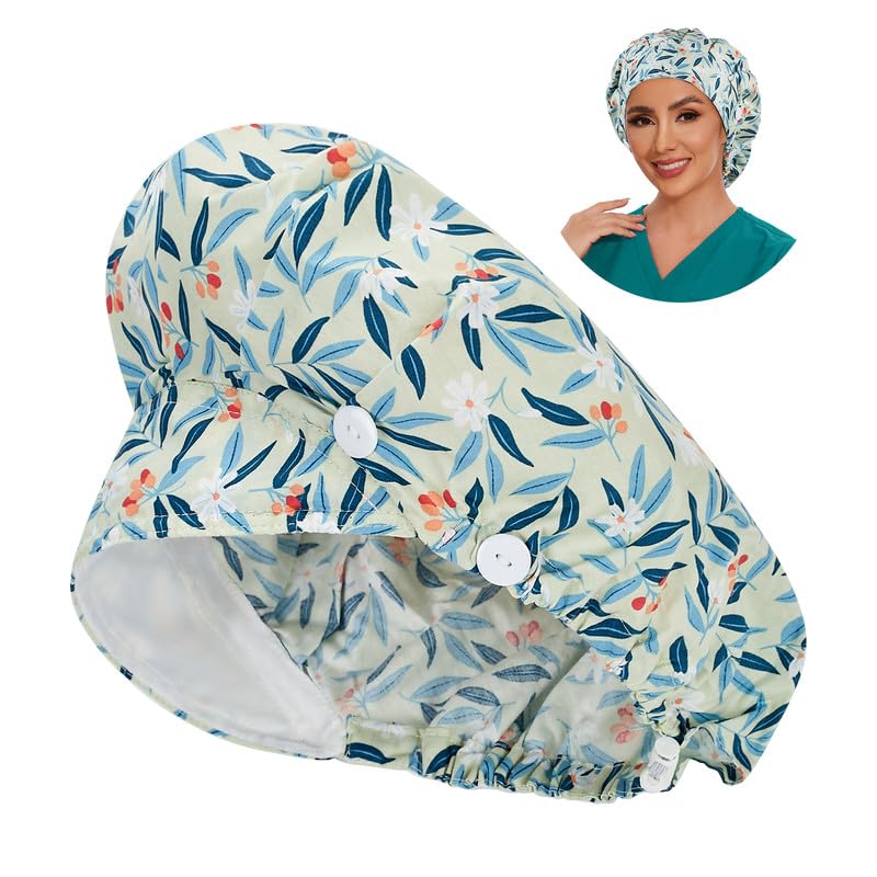 Adjustable Button Scrub Cap — B07-Berry Leaves — Single Layer — 1