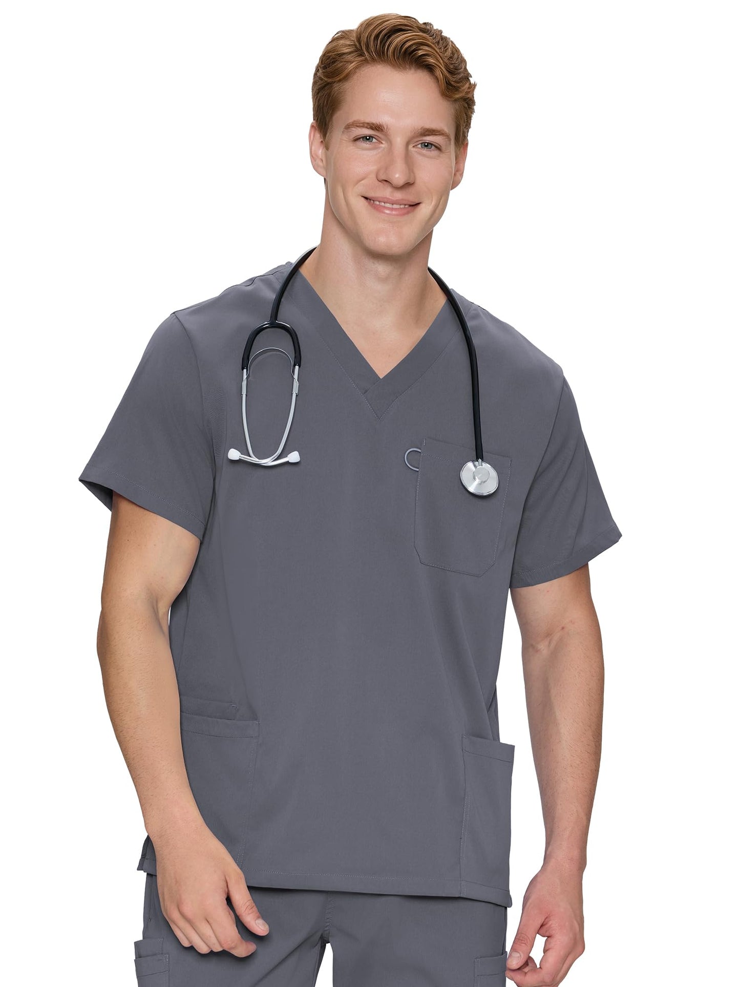 Orion V-Neck Scrub Top, Morning Mist Grey, Front Styling View