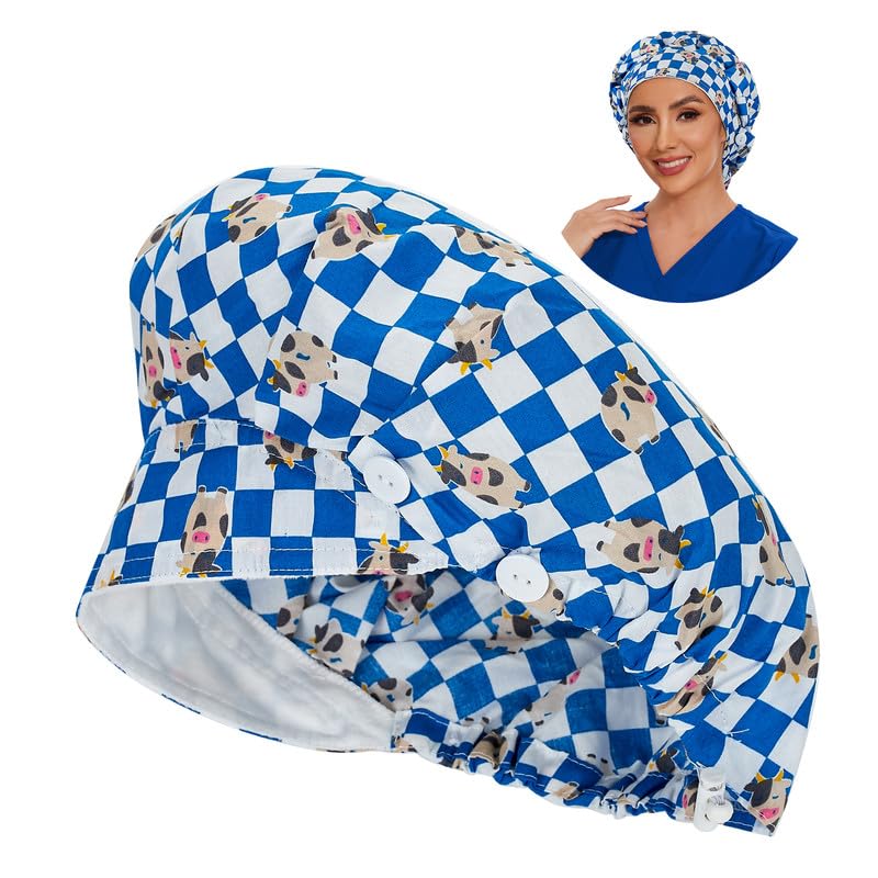 Adjustable Button Scrub Cap — B04-Blue Checkered Calf — Single Layer — 1