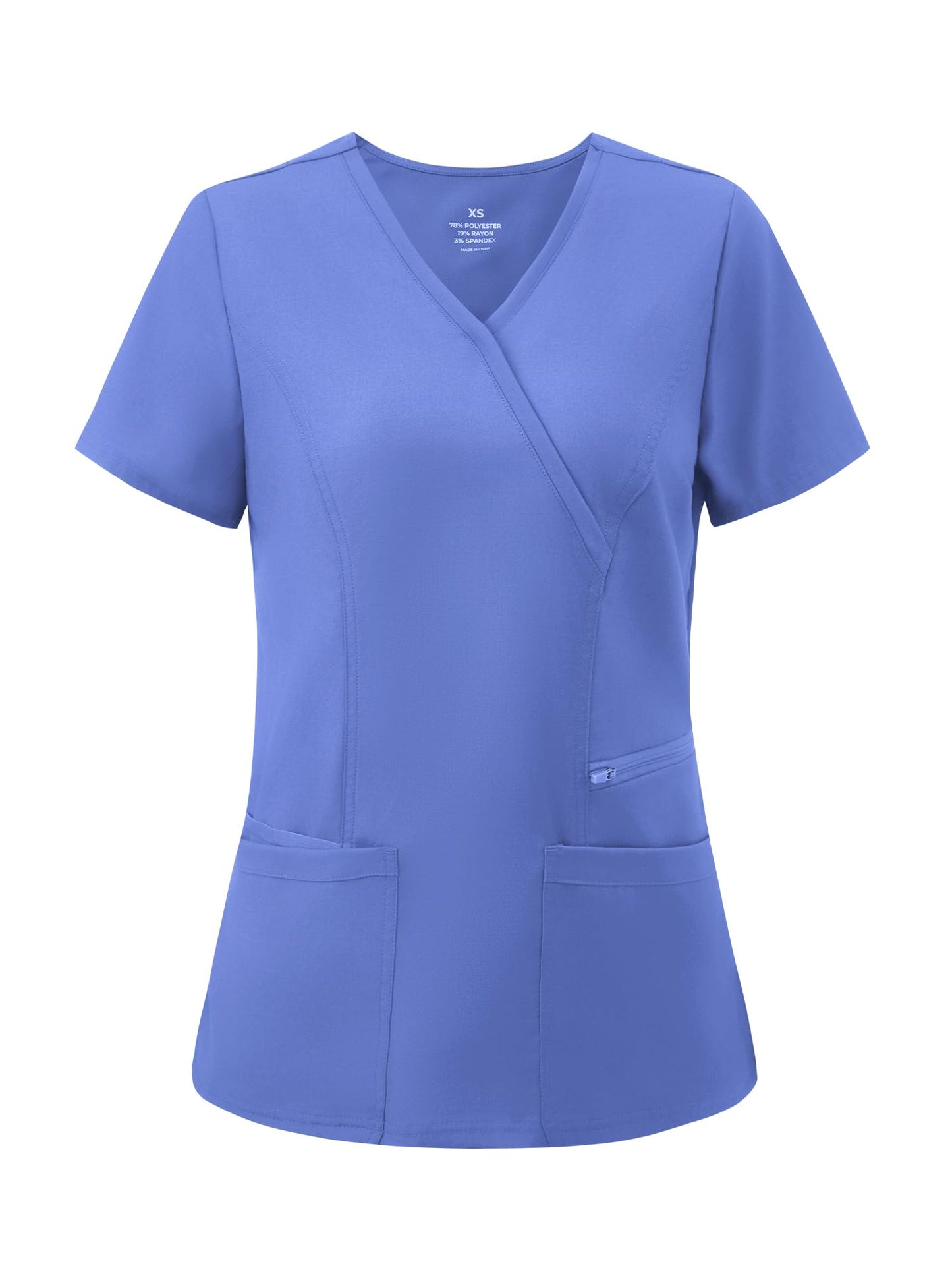 Venus Mock Wrap Scrub Top, Ceil Blue, Front View