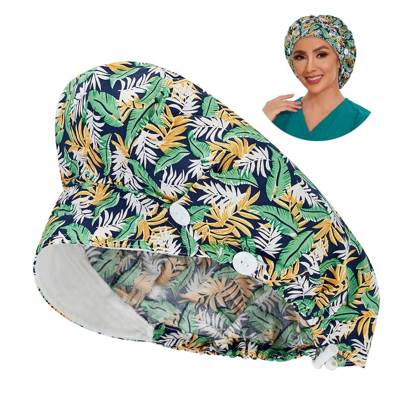 Adjustable Button Scrub Cap — B08-Tropical Foliage — Single Layer — 1