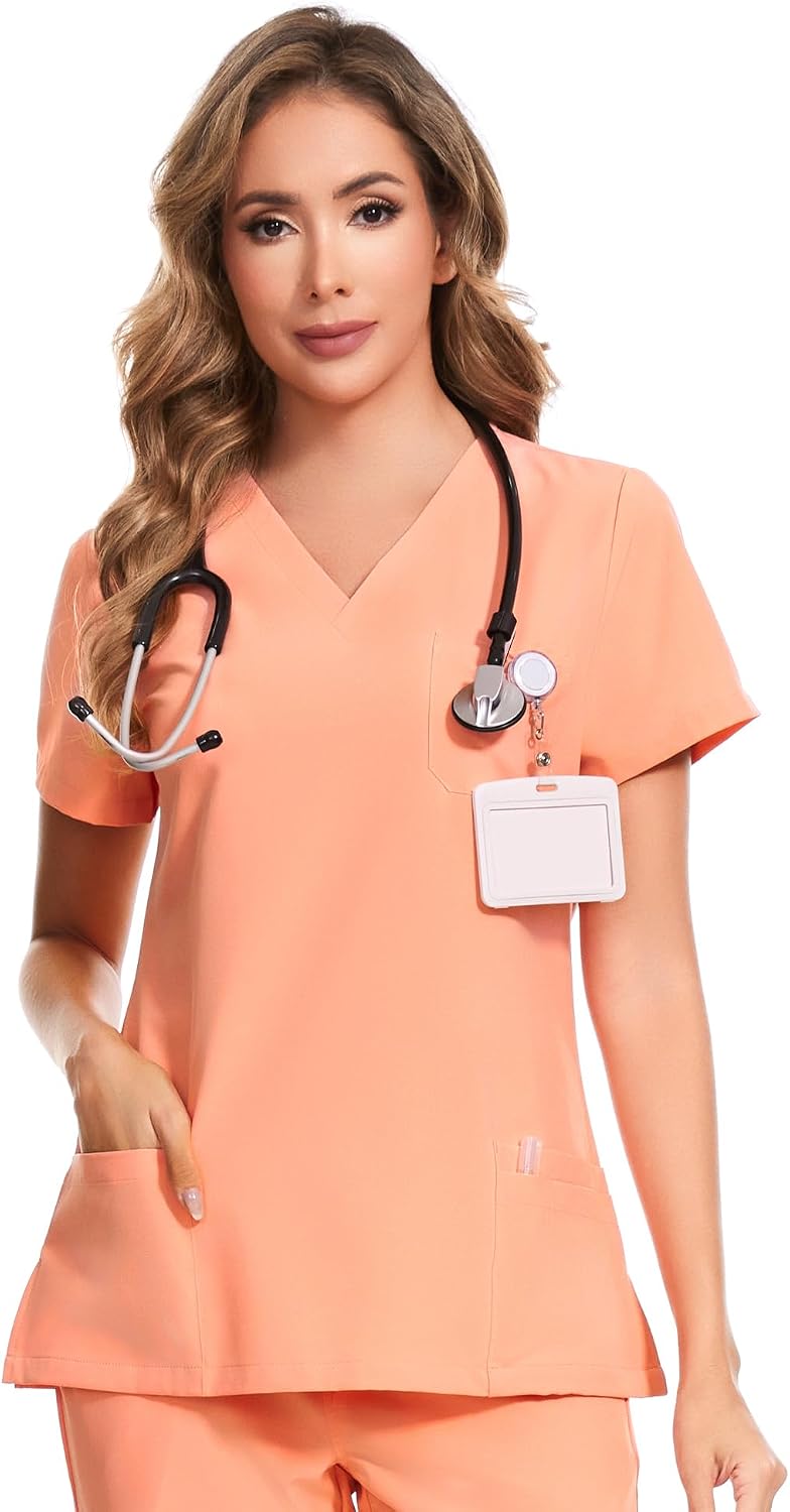 Luna V-Neck Scrub Top — Coral Red — 1