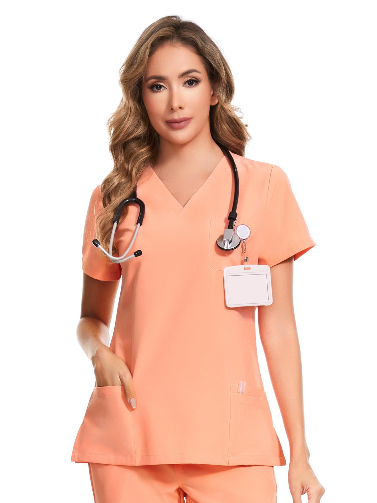Luna V-Neck Scrub Top — Coral Red — 1