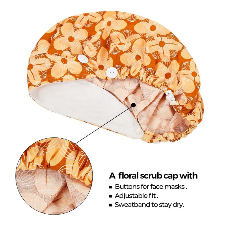 Adjustable Button Scrub Cap — B17-Golden Bloom — Single Layer — 2