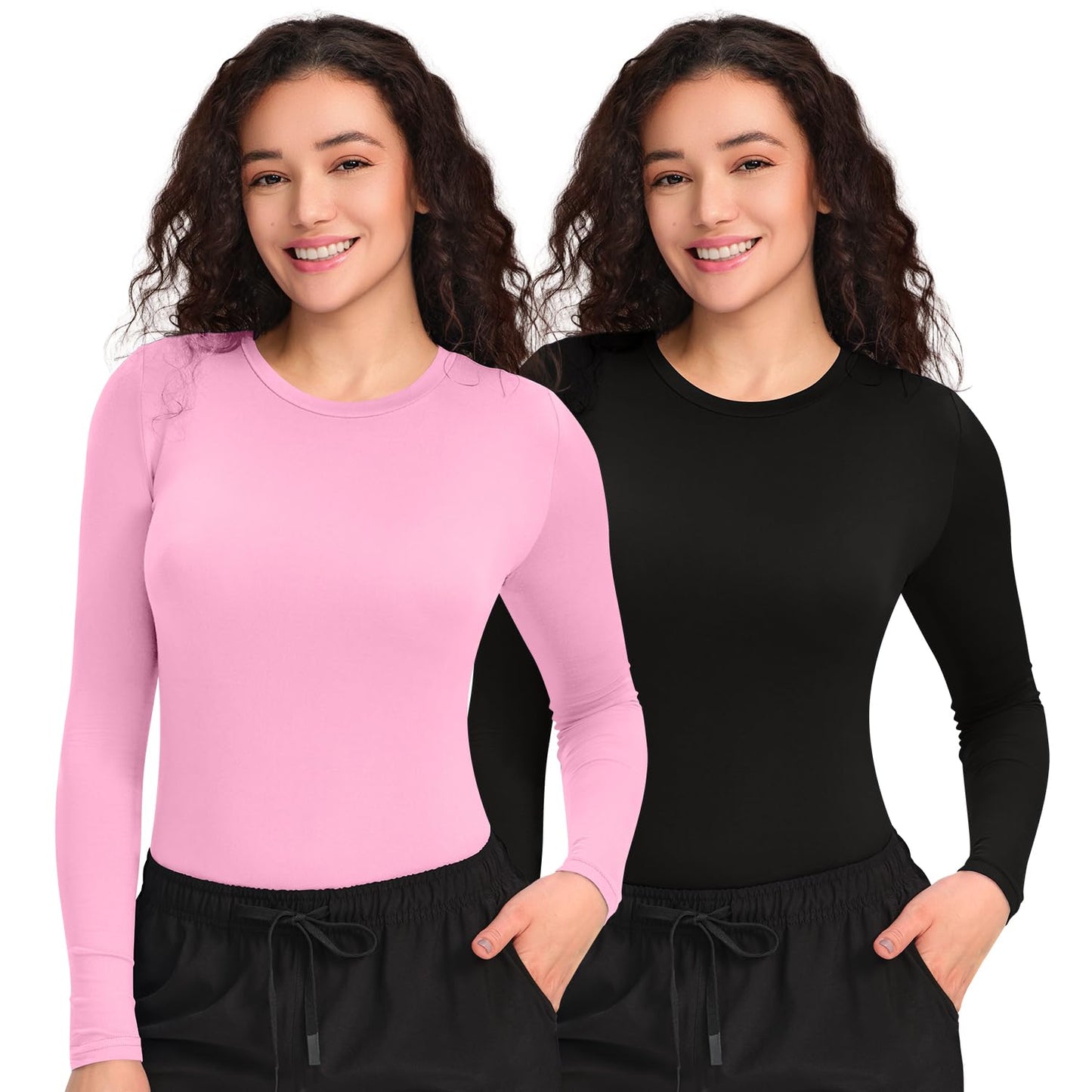 CSDD03 Women's 2-Pack Long-Sleeve Underscrub Top — Black/Pink — 1
