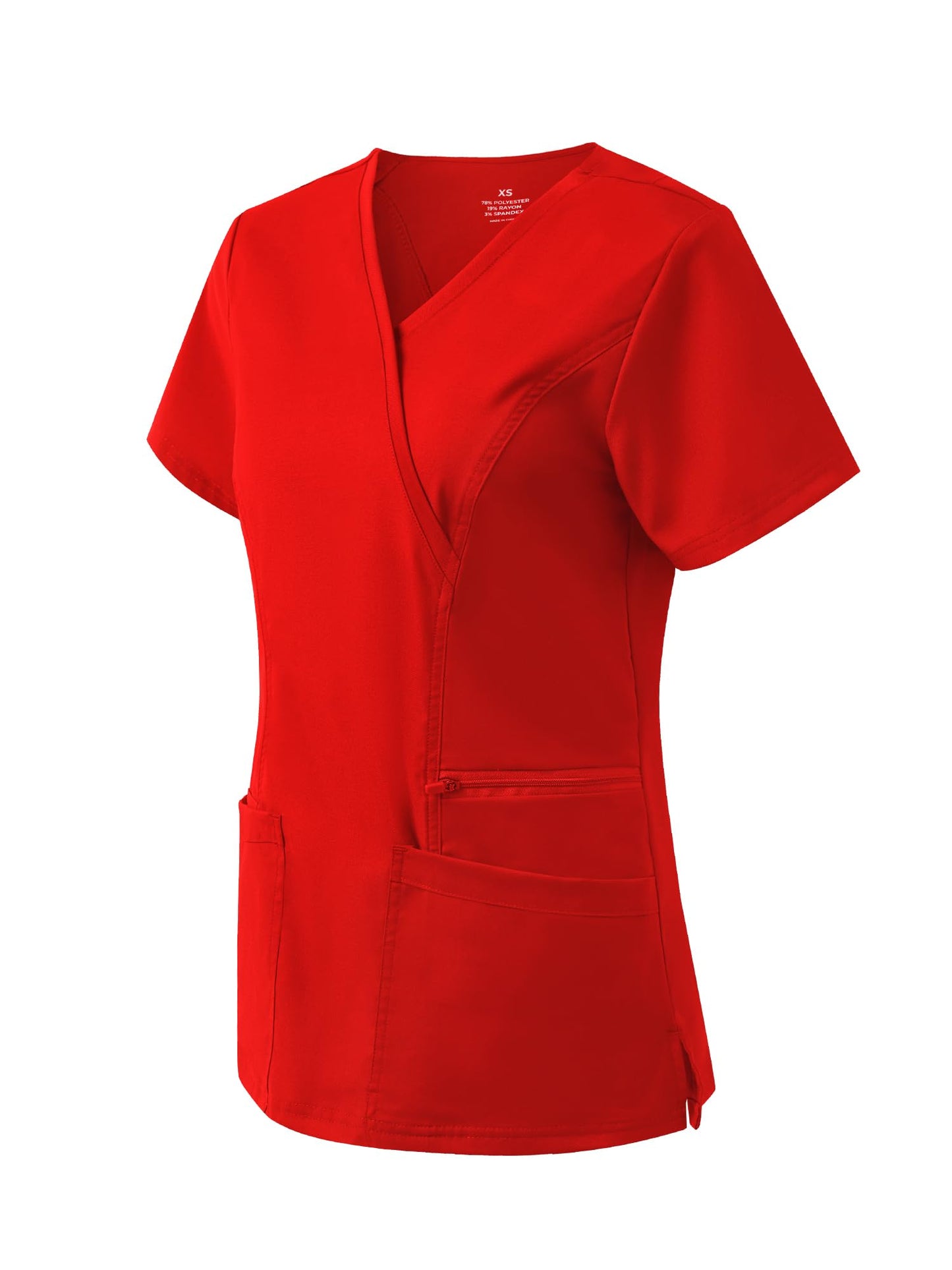 Venus Mock Wrap Scrub Top, Red, Angled Front View